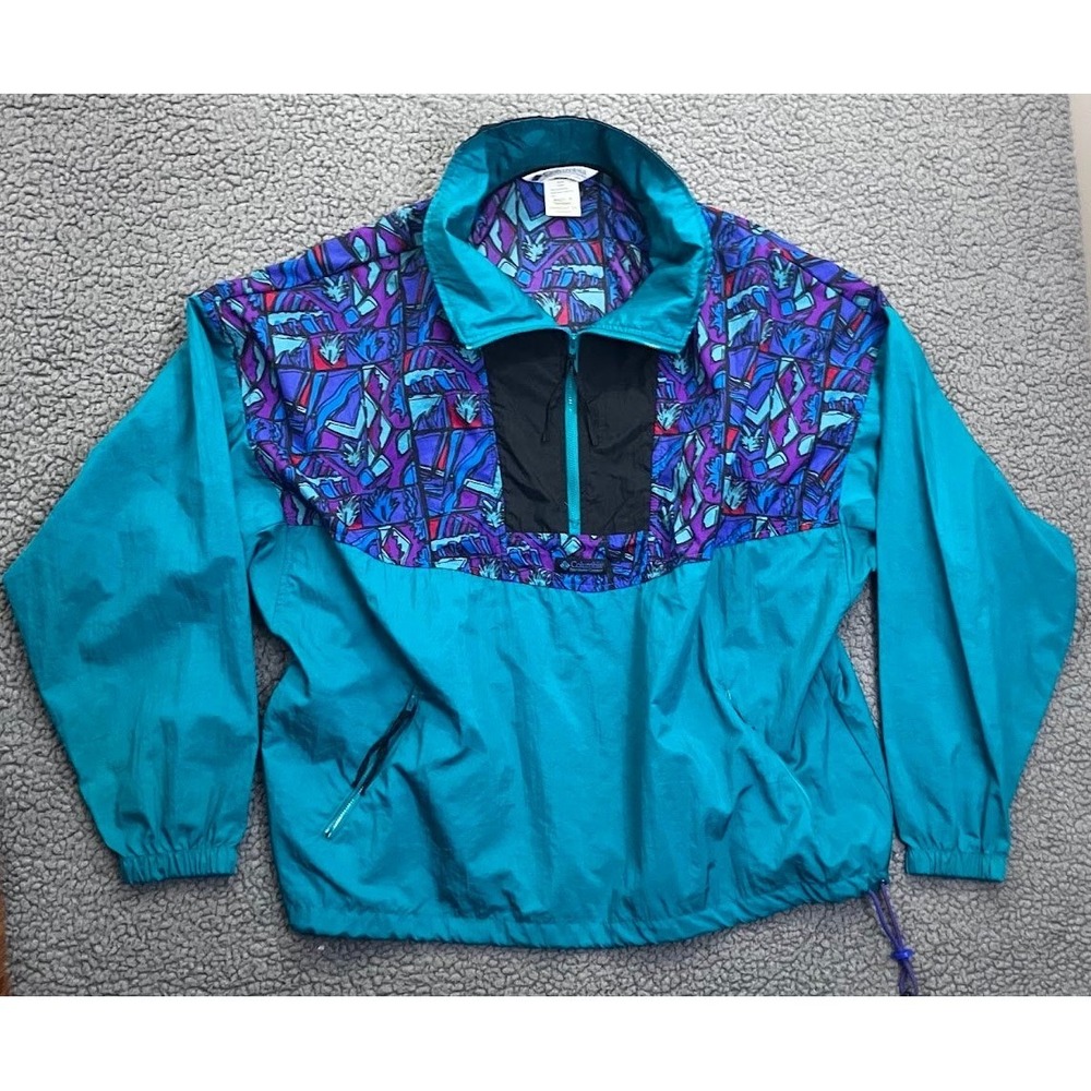 Vintage Columbia Isle Cove Anorak Jacket Mens Large L 90s Teal Geometric 1/2 Zip - Picture 4 of 16